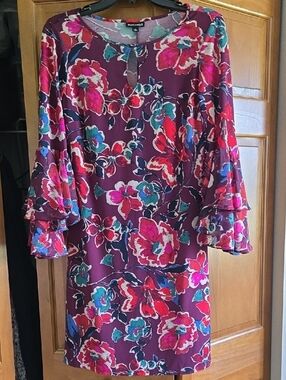 Roz & Ali Plum Floral Shift Dress with Pink, Red & Teal Accents